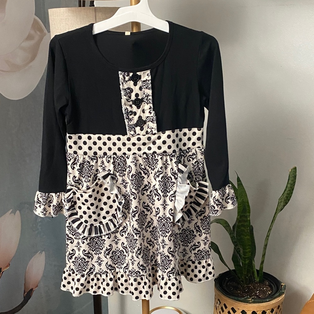 Black & Cream Girls' Long Sleeve Polka Dot and Damask Ruffle Dress
